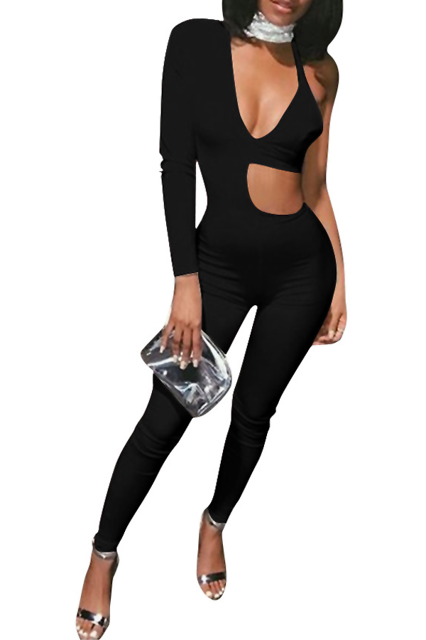 Sexy V Neck Hollow-out Asymmetrical Black Polyester One-piece Jumpsuits от Lovelywholesale WW