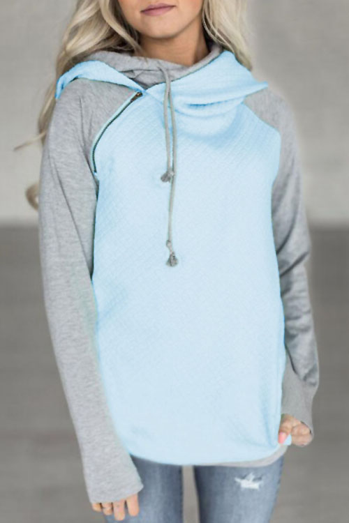 

Lovely Leisure Hooded Collar Patchwork Blue Blending Hoodies