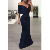 Sexy Deep V Neck Pleated Blue Polyester Floor Leng