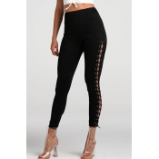 Trendy High Waist Lace-up Hollow-out Black Velvet 