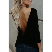 Sexy Round Neck Backless Black Polyester T-shirt