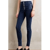 Trendy High Waist Zipper Design Blue Denim Jeans