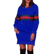Leisure Hooded Collar Patchwork Blue Polyester Min