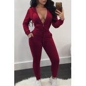 Euramerican Turndown Collar Zipper Design Wine Red