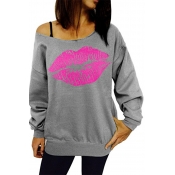 Sexy Dew Shoulder Lips Printed Grey Cotton Blends 