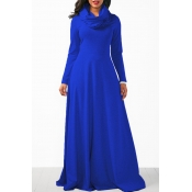 Casual Heaps Collar Long Sleeves Blue Cotton Ankle