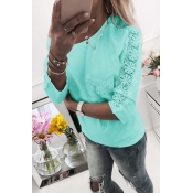 Leisure Round Neck Lace Patchwork Green Cotton Ble