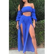 Sexy Strapless High Slit Blue Qmilch Two-piece Pan
