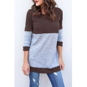 Lovely Fashionable Round Neck Patchwork Brown Poly