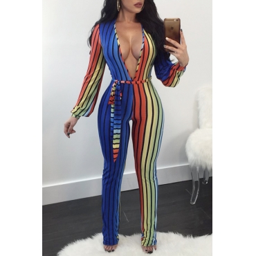 Trendy Deep V Neck Striped Printed Polyester One-piece Jumpsuits