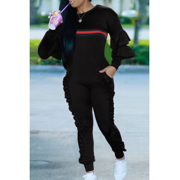 Leisure Round Neck Ruffles Patchwork Black Polyester One-piece Jumpsuits
