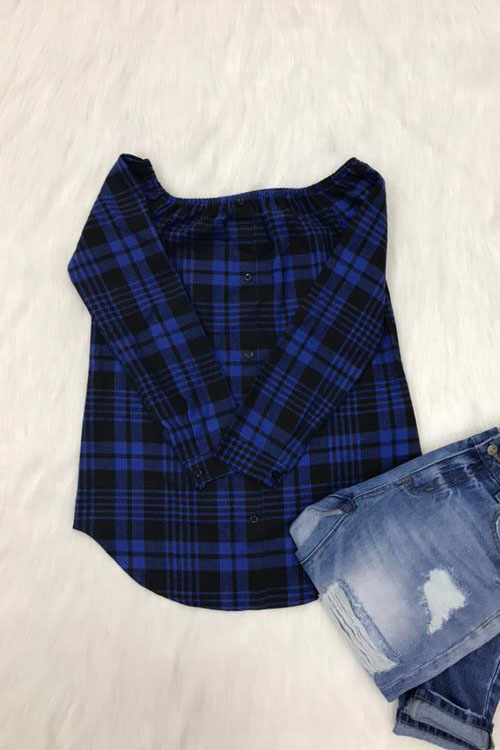 

Lovely Trendy Bateau Neck Grid Printed Blue Blending Shirts