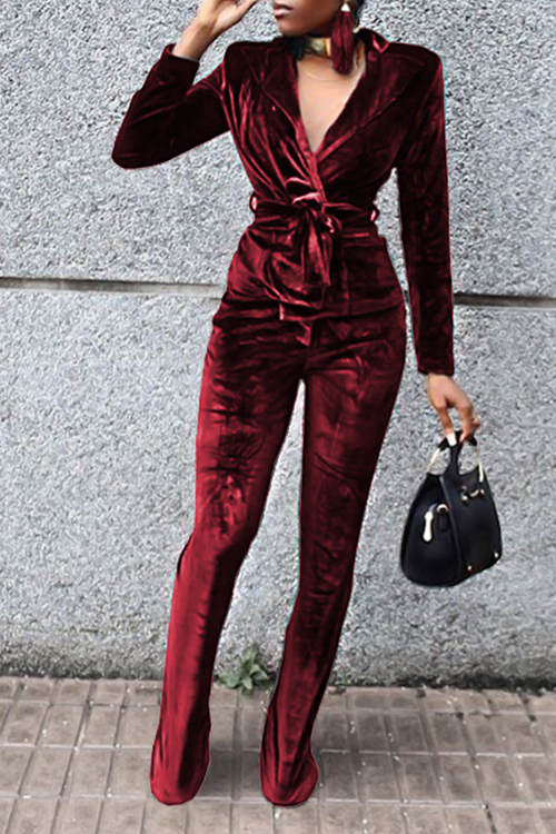 Fashion Turndown Collar Belted Wine Red Velvet Two-Piece Pants Set(Without Accessories) от Lovelywholesale WW