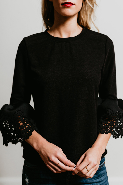 

Lovely Stylish Round Neck Trumpet Sleeves Hollow-out Black Blending T-shirt