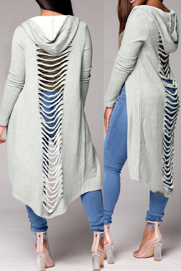 Casual Hooded Collar Hollow-out Light Grey Polyester Coat