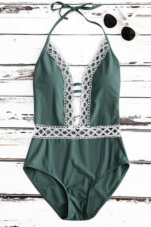 

Sexy Lace Spliced Green Nylon One-piece Swimwear