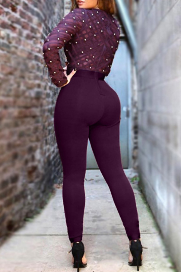 Sexy Round Neck Long Sleeves Gauze Patchwork +Pearl Decoration Purple