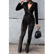 Fashion Turndown Collar Belted Black Velvet Two-Pi