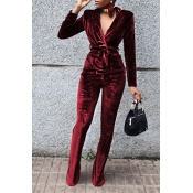 Fashion Turndown Collar Belted Wine Red Velvet Two