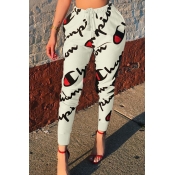 Casual Mid Elastic Waist Letters Printed White Pol