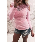 Sexy Round Neck Cold-shoulder Lace Patchwork Pink 