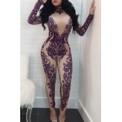 Sexy Turtleneck Printed Purple Polyester One-piece
