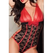 LovelySexy See-Through Lace Patchwork Red Spandex 
