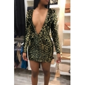 Sexy Deep V Neck Sequins Decoration Gold Polyester