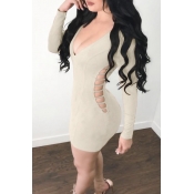 Sexy V Neck Hollow-out Beige Polyester Sheath Mini