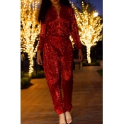 Fashion Mandarin Collar Sequins Decoration Red Pol