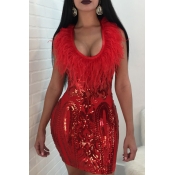 Sexy U Neck Feather And Sequins Decoration Red Pol