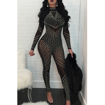 Sexy Round Neck See-Through Hot Drilling Decorative Black Polyester One-piece Jumpsuits(Without Lining)
