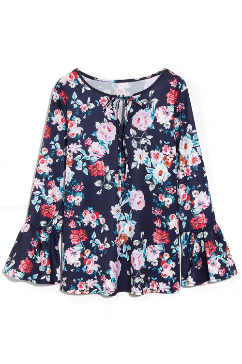 

Lovely Trendy V Neck Trumpet Sleeves Floral Printed Deep Blue Polyester Shirts