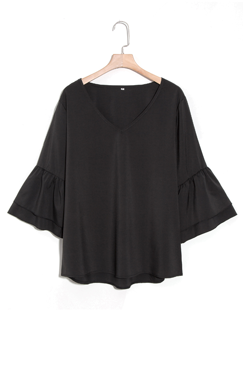 

Lovely Fashion V Neck Trumpet Sleeves Black Chiffon Shirts