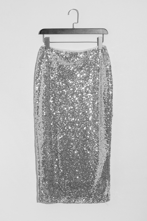 

Lovely Trendy Sequins Decoration Zipper Design Silver Polyester Skirts