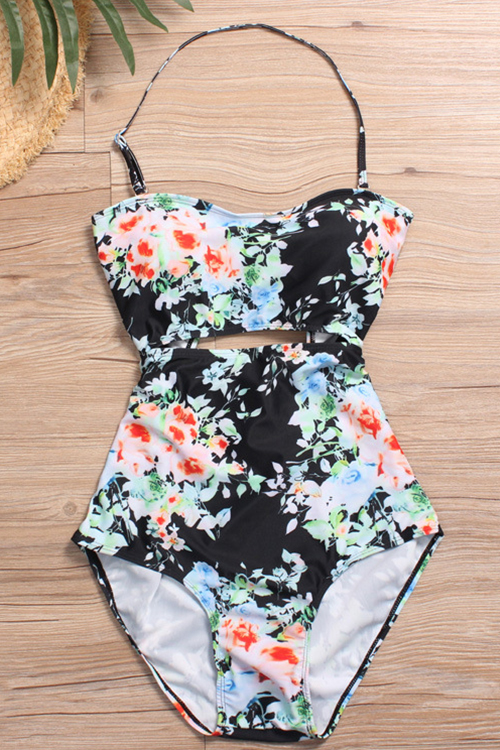 

Lovely Fashion Lace-up Hollow-out Floral Printed Black Nylon One-piece Swimwears