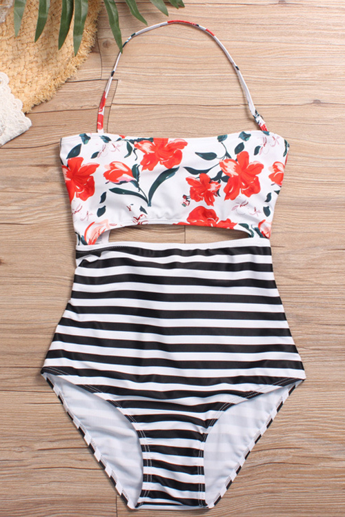 

Lovely Fashion Lace-up Hollow-out Floral Printed Red Nylon One-piece Swimwears