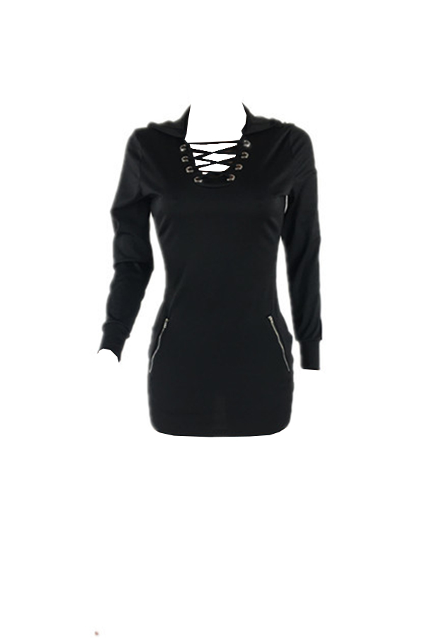 Lovely Casual Hooded Collar Zipper Design Black Polyester Sheath Mini Dress от Lovelywholesale WW