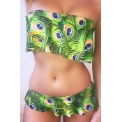 Lovely Sexy Peacock Feathers Printed Flounce Green