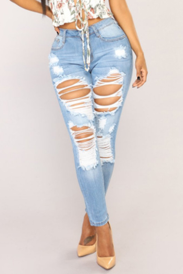 

Lovely Fashion Mid Waist Broken Holes Baby Blue Denim Zipped Jeans