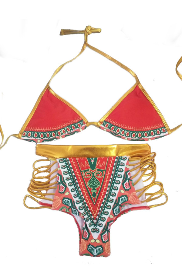 

Lovely Sexy Lace-up Hollow-out Printing Red Two-piece Swimwear