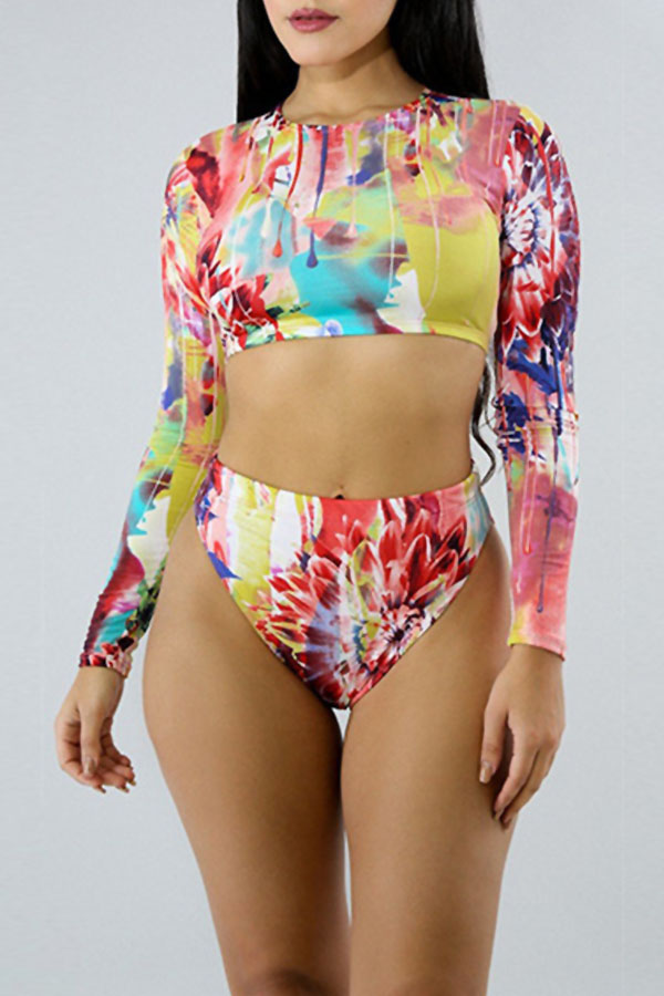 

Lovely Fashion Round Neck Long Sleeves Printing Pink Two-piece Swimwear