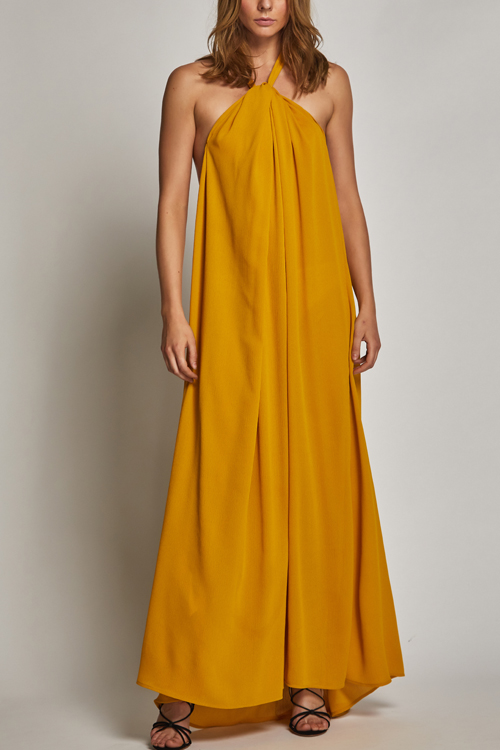 

Lovely Bohemian Halter Neck Backless Yellow Rayon Floor Length Dress