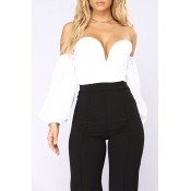 Lovely Sexy Dew Shoulder Puff Sleeves White Polyes