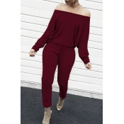 Lovely Casual Dew Shoulder Blending Wine Red One-p