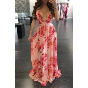 Lovely Sexy V Neck Printed Pink Chiffon Floor leng