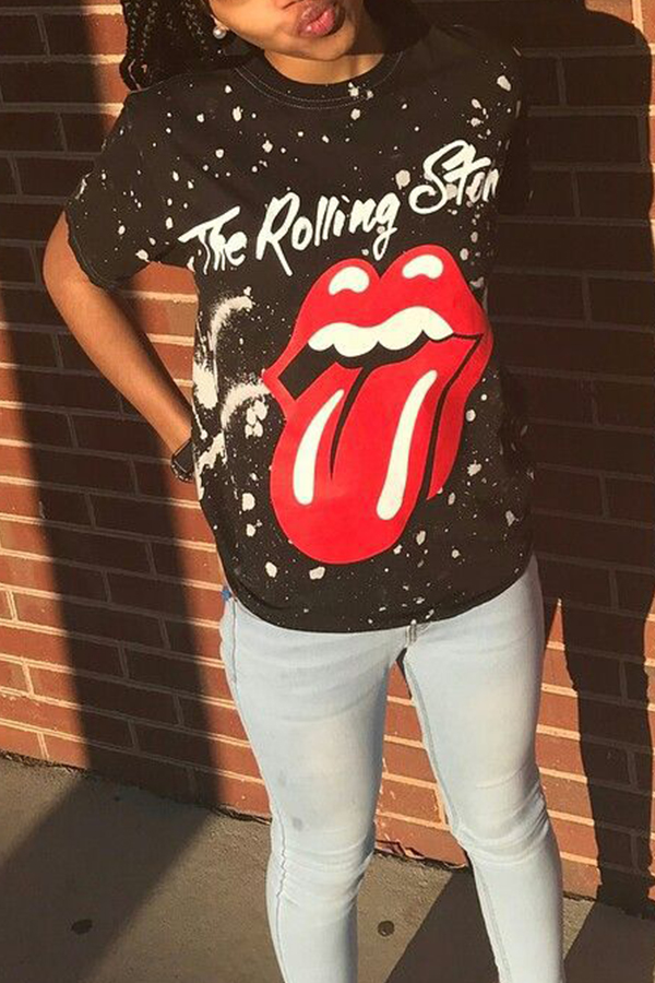 

Lovely Leisure Round Neck Cartoon Tongue Printed Black Polyester T-shirt