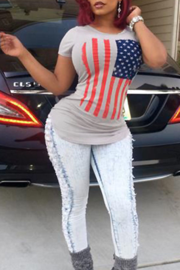 

Lovely Casual Round Neck Flag Printed Grey Polyester T-shirt