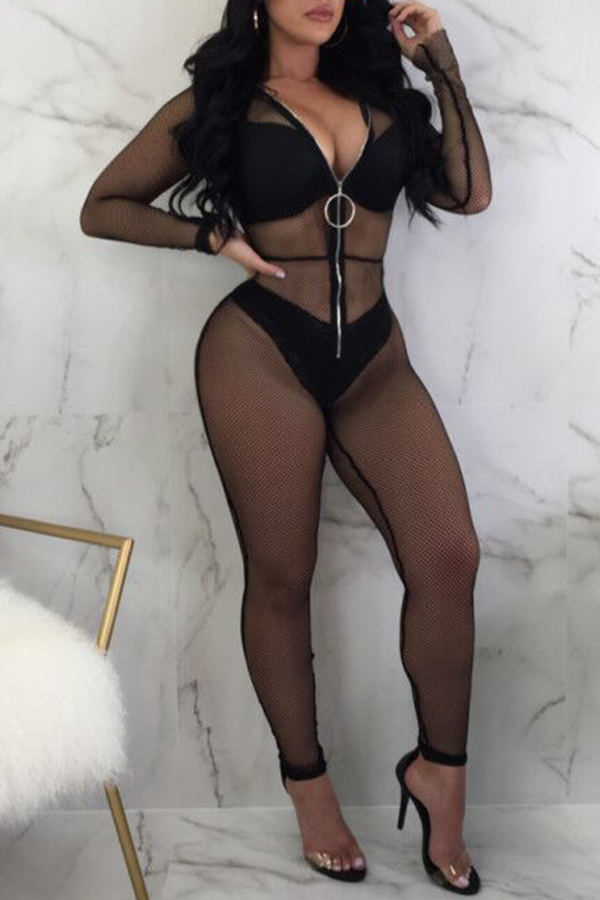 

Lovely Sexy V Neck See-Through Black Gauze One-piece Jumpsuits(Without Subcoating)
