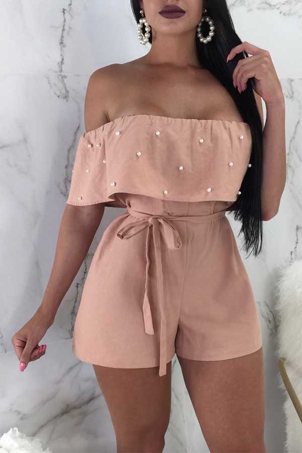 

Lovely Nifty Bateau Neck Nailed Pearl Flounce Pink Chiffon One-piece Short Jumpsuits